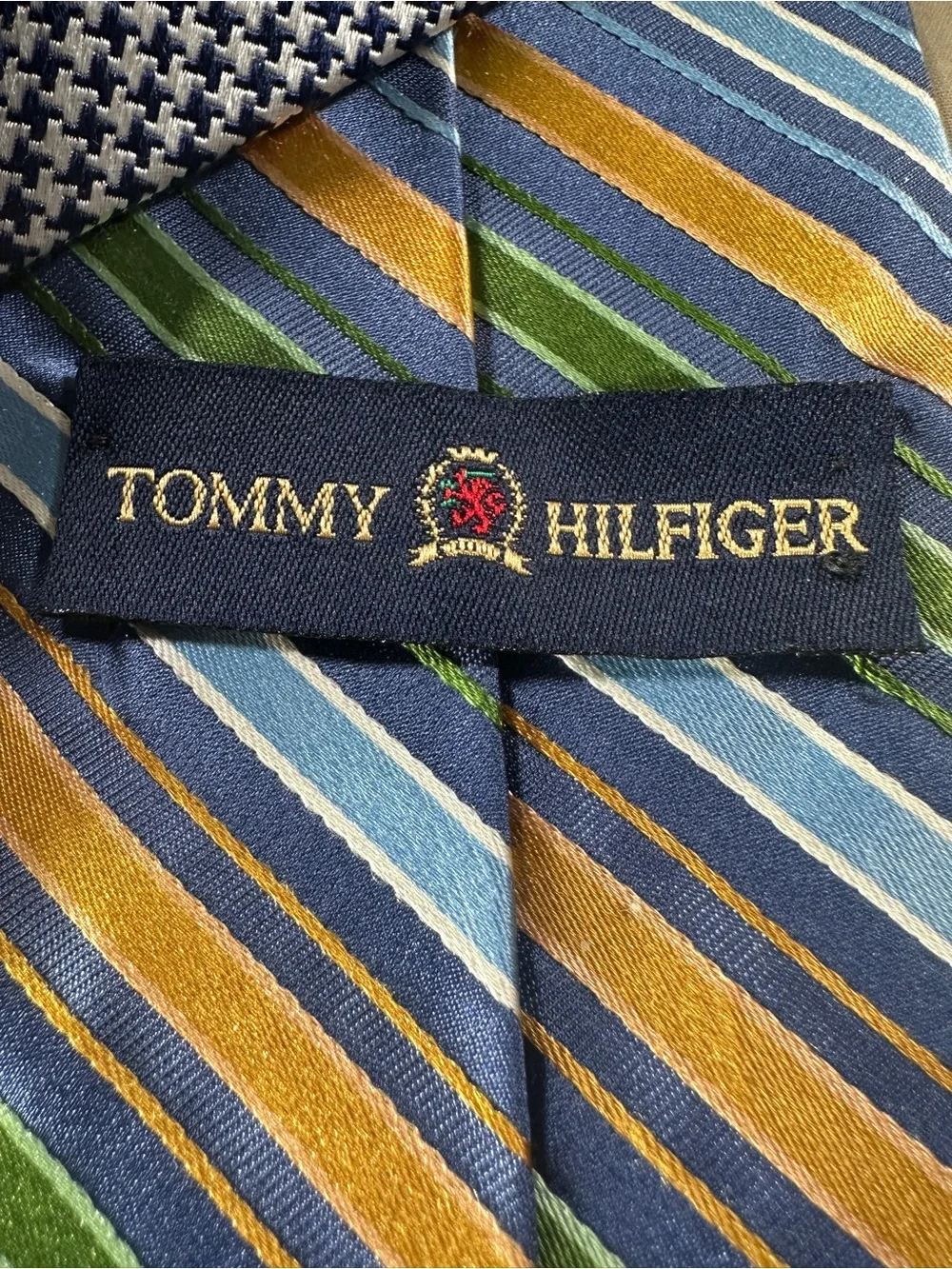 Tommy Hilfiger Blue Striped Tie with Green and Gold Accents